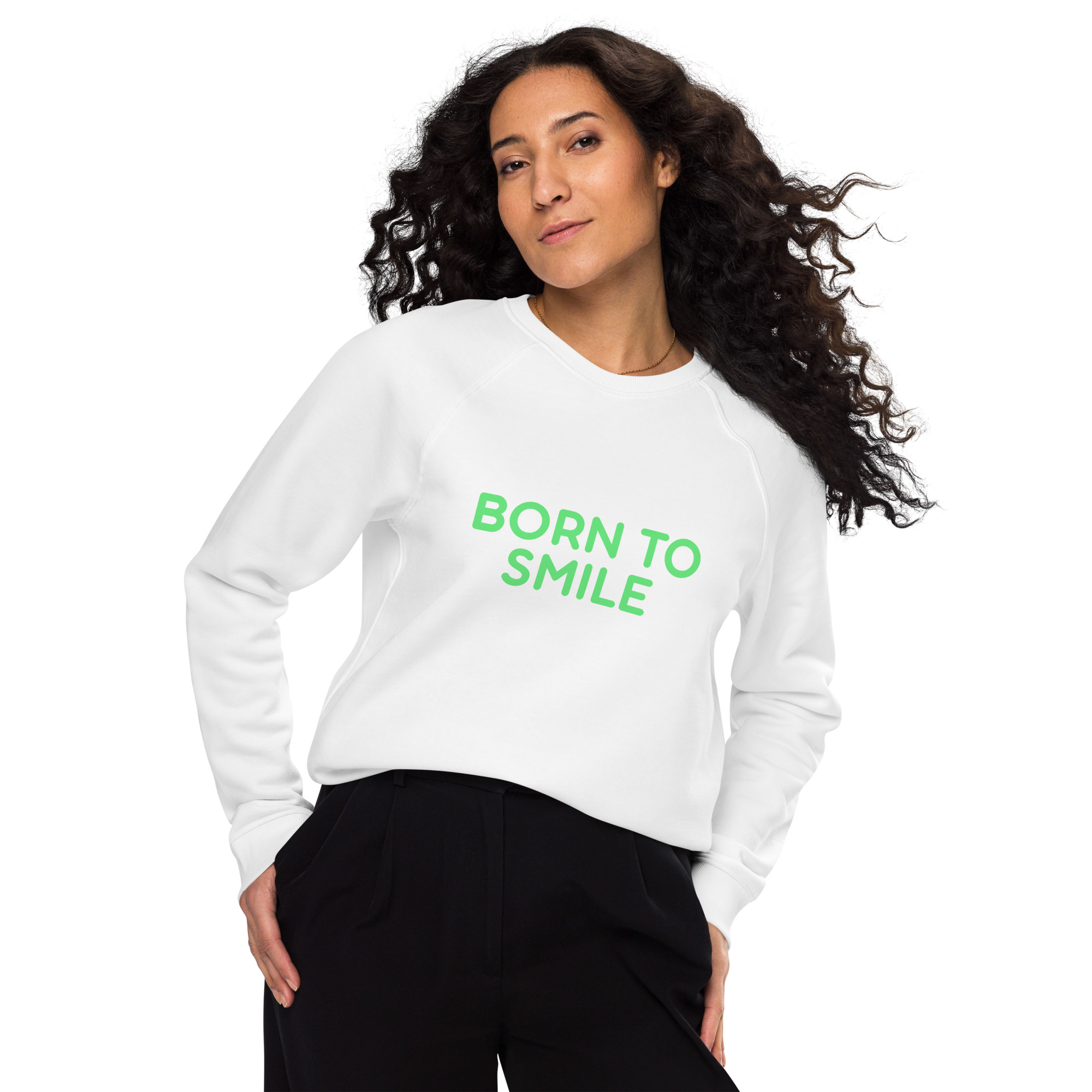 Unisex organic raglan sweatshirt "BORN TO SMILE" - Image 18
